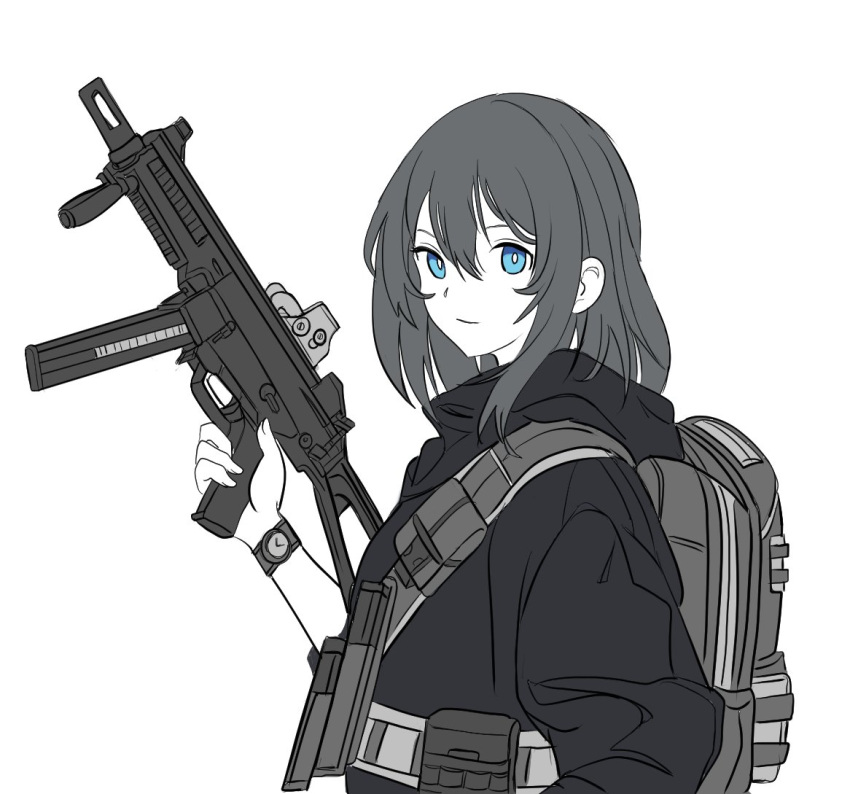 1girl, backpack, bag, blue_eyes, borrowed_character, closed_mouth, commentary, english_commentary, gun, hair_between_eyes, holding, holding_gun, holding_weapon, jacket, long_sleeves, looking_at_viewer, monochrome, original, pixcy_(pixcy5), simple_background, smile, solo, upper_body, watch, watch, weapon, weapon_request, white_background