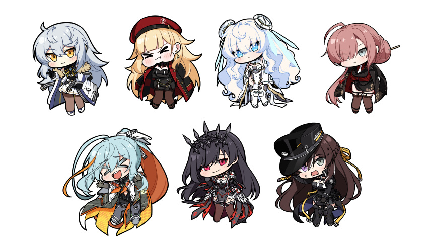 >_<, 6+girls, :d, absurdres, ahoge, beret, blacha_(dkskek157), black_hair