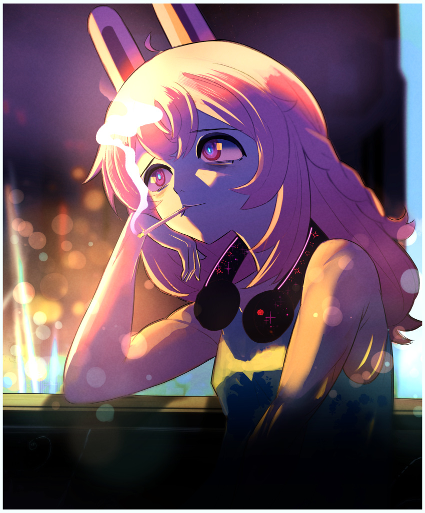 1girl, absurdres, ahoge, animal_ears, blue_pupils, cigarette, head_rest, headphones