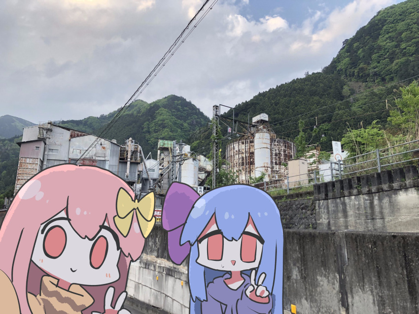 2girls, abandoned, alternate_costume, blush, bow, chibi, closed_mouth, clouds