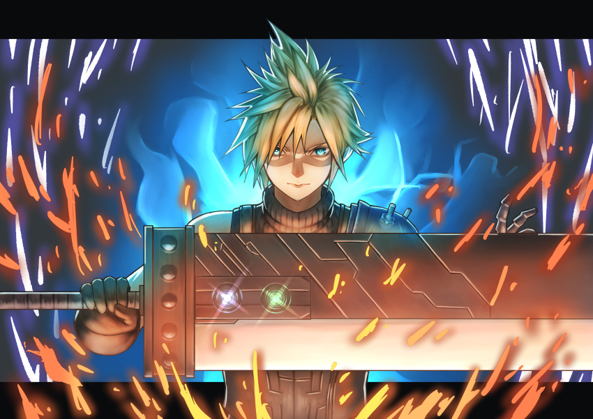 1boy, absurdres, armor, black_gloves, blonde_hair, blue_eyes, buster_sword, closed_mouth