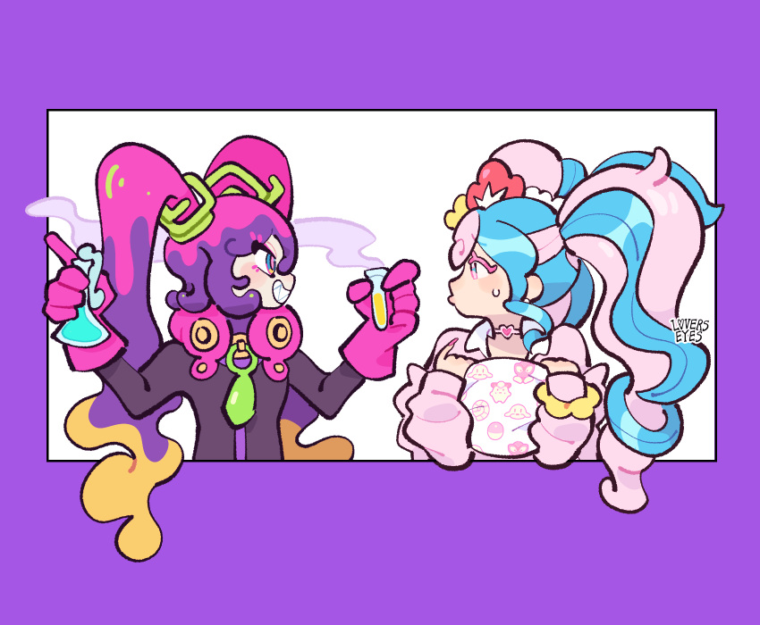 2girls, artist_name, black_jumpsuit, blonde_hair, blue_eyes, blue_hair, blush_stickers, border, choker, commentary, dual_persona, english_commentary, erlenmeyer_flask, fairy_miku_(project_voltage), flask, flower, fumes, gloves, grin, hair_flower, hair_ornament, hatsune_miku, heart, heart_choker, highres, holding, holding_flask, holding_test_tube, hugging_object, index_finger_raised, jumpsuit, l0verseyes, long_hair, looking_to_the_side, multicolored_eyes, multicolored_hair, multiple_girls, outside_border, pillow, pillow_hug, pink_eyes, pink_gloves, pink_hair, pink_sweater, poison_miku_(project_voltage), pokemon, pout, profile, project_voltage, purple_border, purple_hair, rubber_gloves, scrunchie, sharp_teeth, simple_background, smile, sweatdrop, sweater, teeth, test_tube, two-tone_hair, upper_body, vocaloid, white_background, wrist_scrunchie, zipper