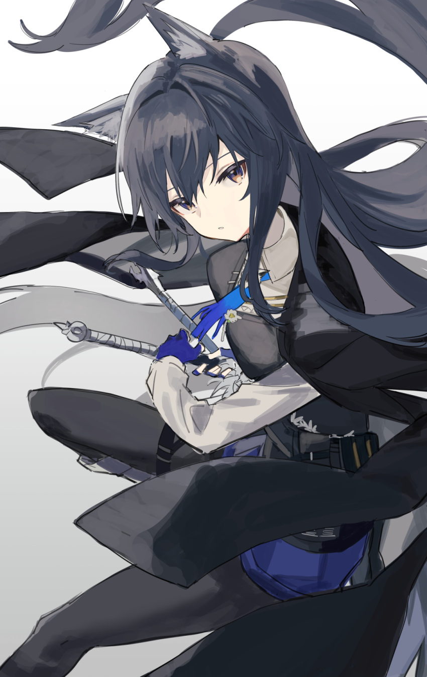 1girl, animal_ear_fluff, animal_ears, arknights, black_hair, black_jacket, black_pantyhose, black_vest