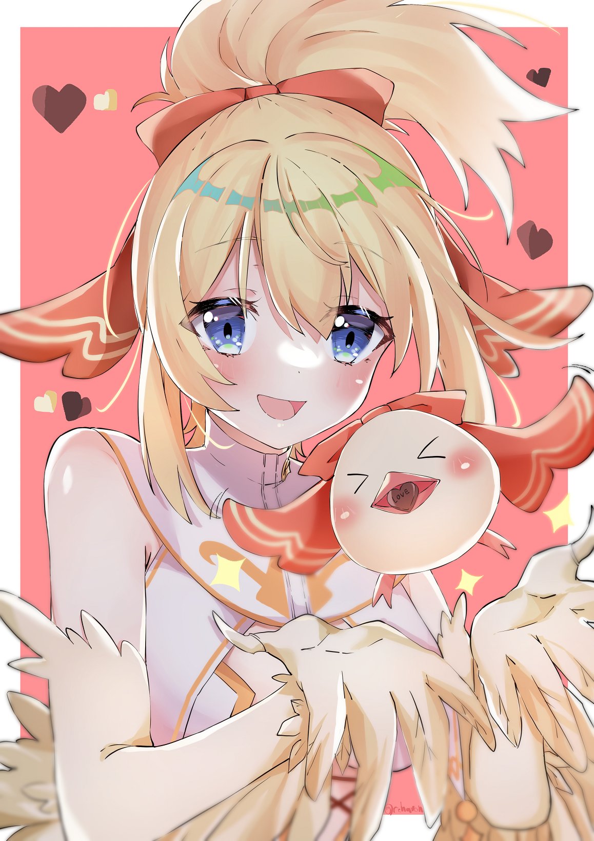 1girl, bird, blonde_hair, blue_eyes, blush, candy, chocolate, feather_fingers