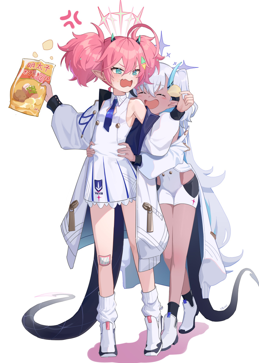 2girls, absurdres, anger_vein, angry, annoyed, bandaid, bandaid_on_knee, bandaid_on_leg