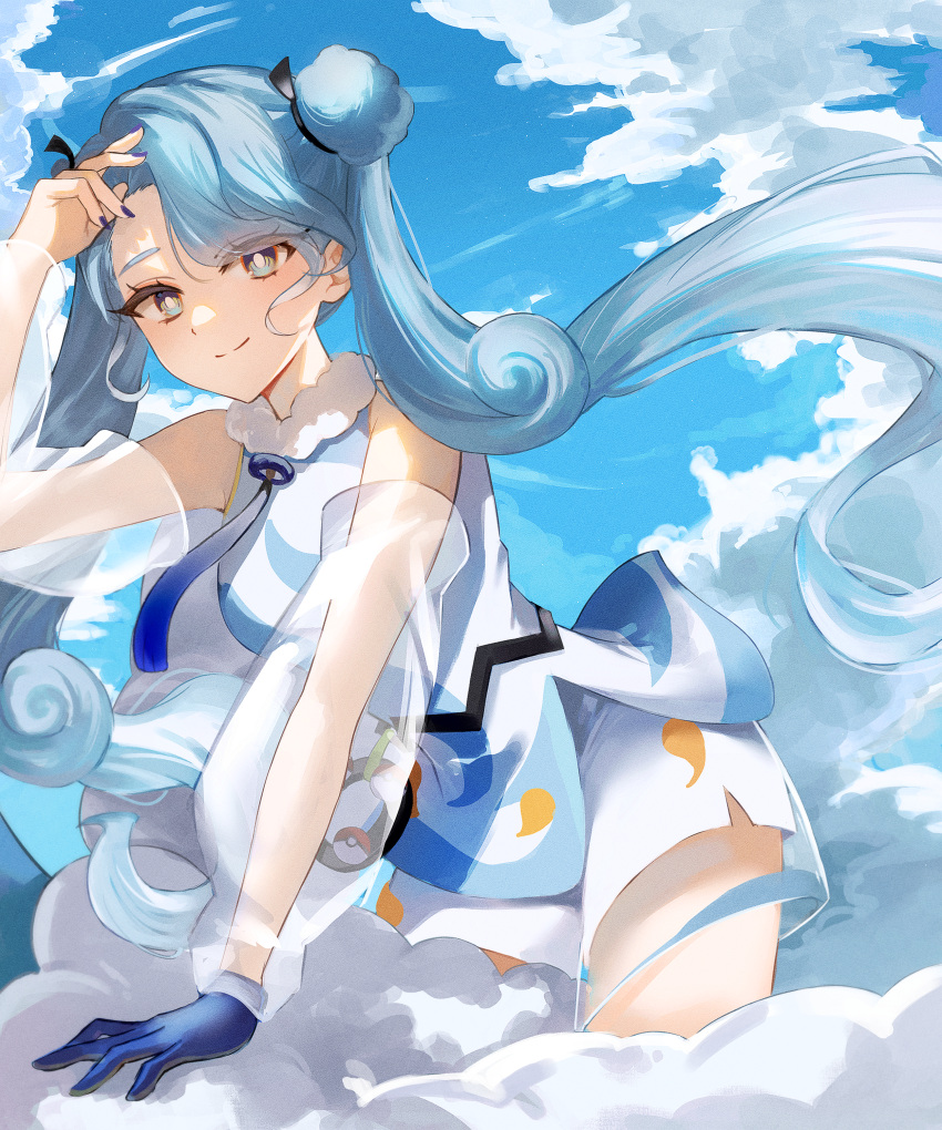 1girl, absurdres, bare_shoulders, blue_gloves, blue_hair, blue_sky, chouxdb, clouds