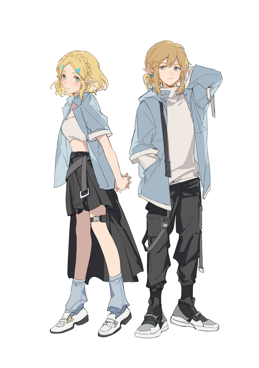1boy, 1girl, :|, absurdres, alternate_costume, arm_up, arms_behind_back, black_pants