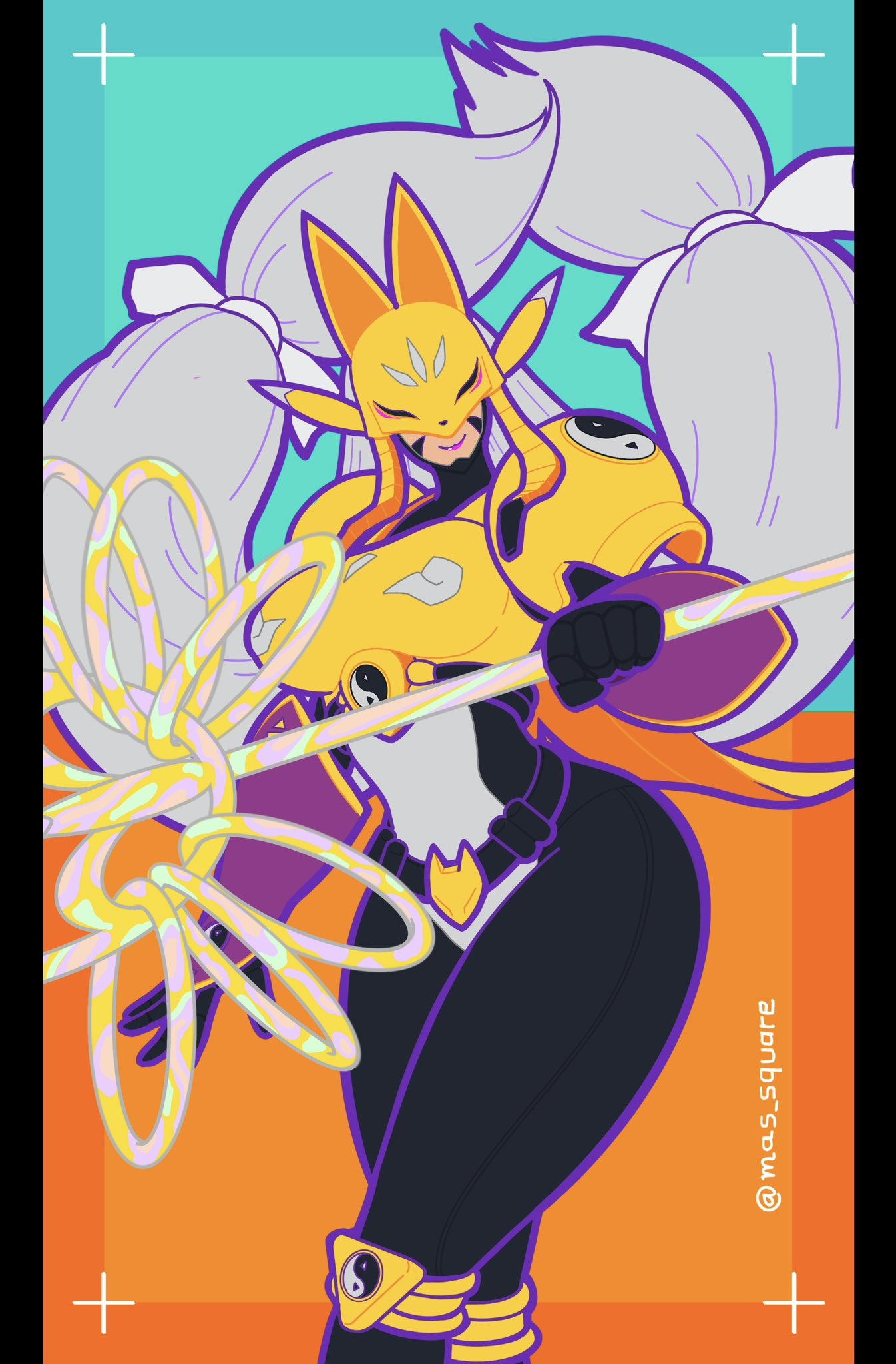 1girl, armor, belt, black_bodysuit, blue_background, bodysuit, breasts, closed_mouth, commentary_request, covered_eyes, detached_sleeves, digimon, digimon_(creature), digital_hazard, facial_mark, floating_hair, fox_mask, gloves, grey_hair, highres, holding, holding_staff, large_breasts, lipstick, long_hair, low-tied_long_hair, low_twintails, makeup, mas_square, mask, orange_background, outline, purple_lips, purple_sleeves, sakuyamon, shoulder_armor, smile, solo, staff, standing, twintails, twitter_username, two-tone_background, very_long_hair, yellow_armor, yin_yang, yin_yang_print
