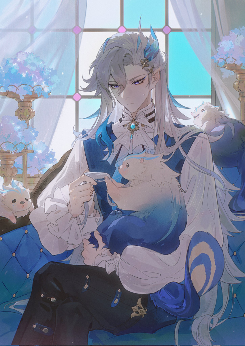 1boy, animal, aoma_(xuanzexuexi), ascot, asymmetrical_bangs, black_pants, blue_eyeshadow, blue_flower