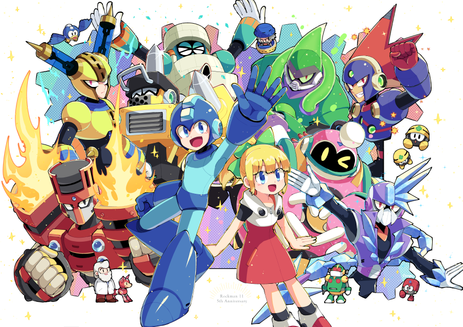 >_<, 1girl, 6+boys, acid_man, anniversary, auto_(mega_man), beat_(mega_man), blast_man, block_man, blonde_hair, blue_eyes, bounce_man, clenched_teeth, colored_sclera, commentary_request, covered_mouth, dr._light_(mega_man), dr._wily_(mega_man), eddie_(mega_man), english_commentary, everyone, fuse_man, grey_hair, helmet, impact_man, lab_coat, mega_man_(character), mega_man_(classic), mega_man_(series), mega_man_11, met_(mega_man), mixed-language_commentary, multiple_boys, no_mouth, red_eyes, robot, roll_(mega_man), rush_(mega_man), smile, sznami129, teeth, torch_man, tundra_man, yellow_sclera