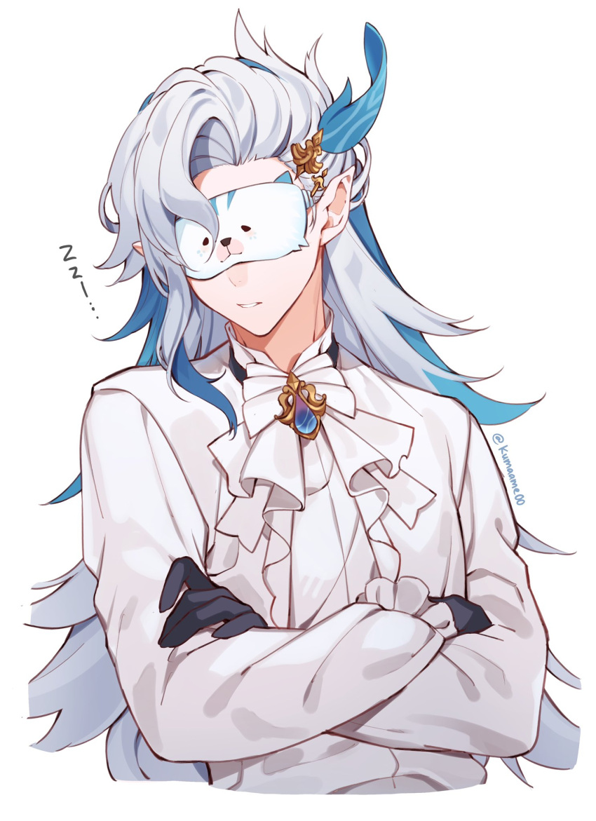 1boy, artist_name, ascot, asymmetrical_bangs, black_gloves, blue_hair, brooch, commentary