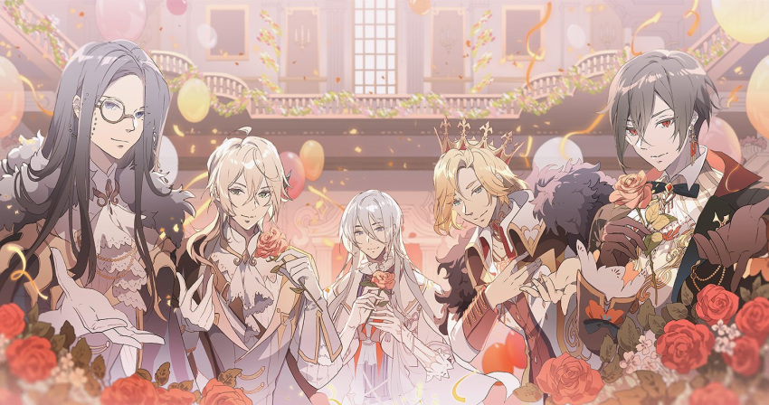5boys, ahoge, aqua_eyes, ascot, ayn_(for_all_time), balloon, beckoning, black_bow