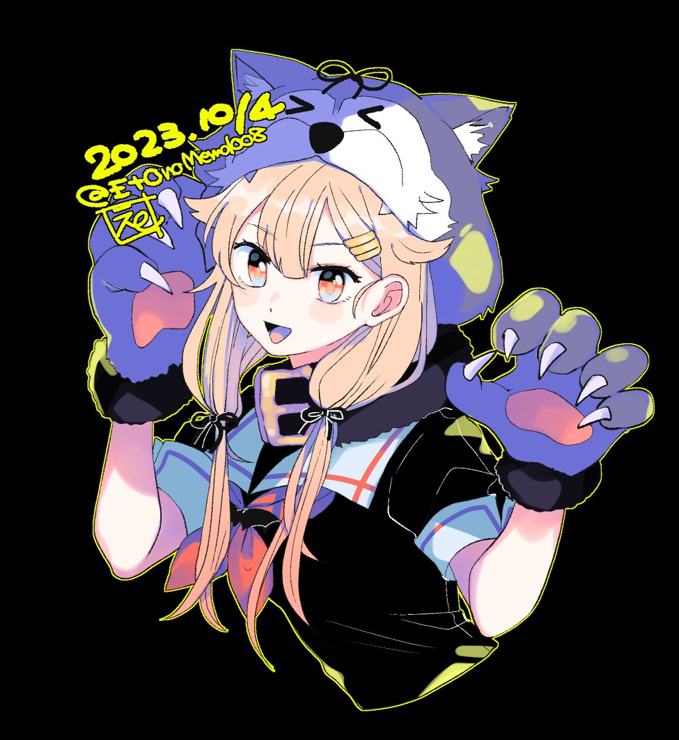 1girl, animal_hands, animal_hood, black_background, black_ribbon, blonde_hair, cropped_torso, dated