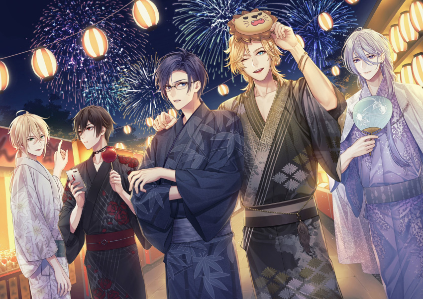 5boys, :i, ;d, aerial_fireworks, aqua_eyes, arm_at_side, ayn_(for_all_time), black_choker, black_hair, black_kimono, black_sash, blonde_hair, blue_eyes, blue_hair, blue_kimono, blue_sash, bracelet, candy_apple, cape, choker, closed_mouth, cowboy_shot, crossed_arms, dark_blue_hair, earrings, eating, fireworks, floral_print, food, food_stand, for_all_time, glasses, green_eyes, grey_hair, hair_between_eyes, hand_fan, hand_on_another's_shoulder, hand_on_mask, highres, holding, holding_fan, holding_food, holding_phone, ichi-be, japanese_clothes, jewelry, kimono, lantern, leaf_print, lily_print, lion_mask, long_hair, long_sleeves, looking_at_another, looking_at_viewer, low_ponytail, luchen, luo_xia, male_focus, mask, mask_on_head, medium_hair, multiple_boys, night, one_eye_closed, paper_fan, paper_lantern, parted_bangs, parted_lips, phone, pointing, print_kimono, purple_kimono, red_eyes, red_sash, rose_print, sash, short_hair, si_lan, smile, standing, summer_festival, sweatdrop, swept_bangs, teeth, uchiwa, upper_teeth_only, violet_eyes, white_cape, white_kimono, wisteria_print, yexuan, yukata