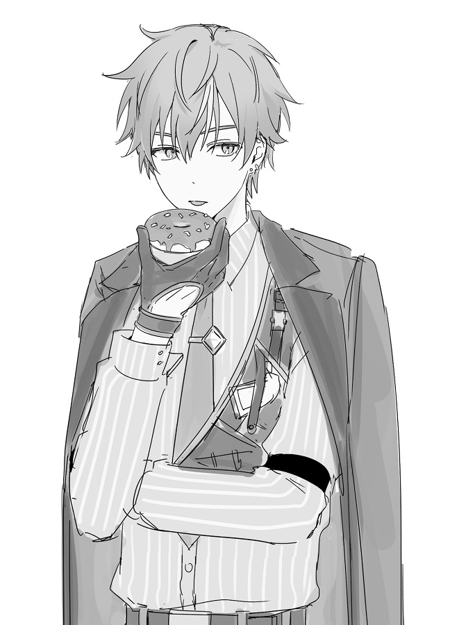 1boy, belt, coat, coat_on_shoulders, commentary_request, doughnut, dress_shirt, food