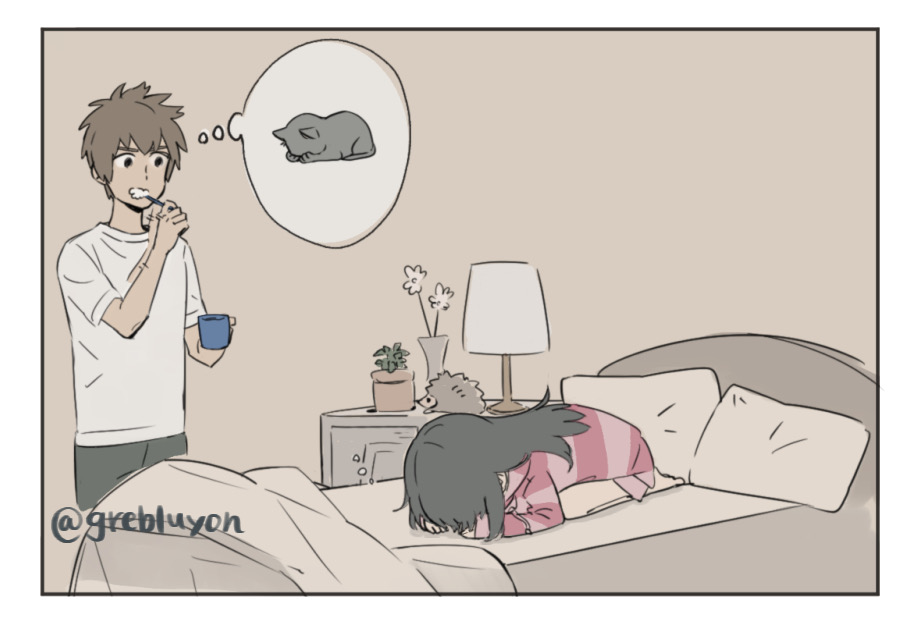 1boy, 1girl, bed, cat, cup, kimi_no_na_wa., miyamizu_mitsuha, sleeping