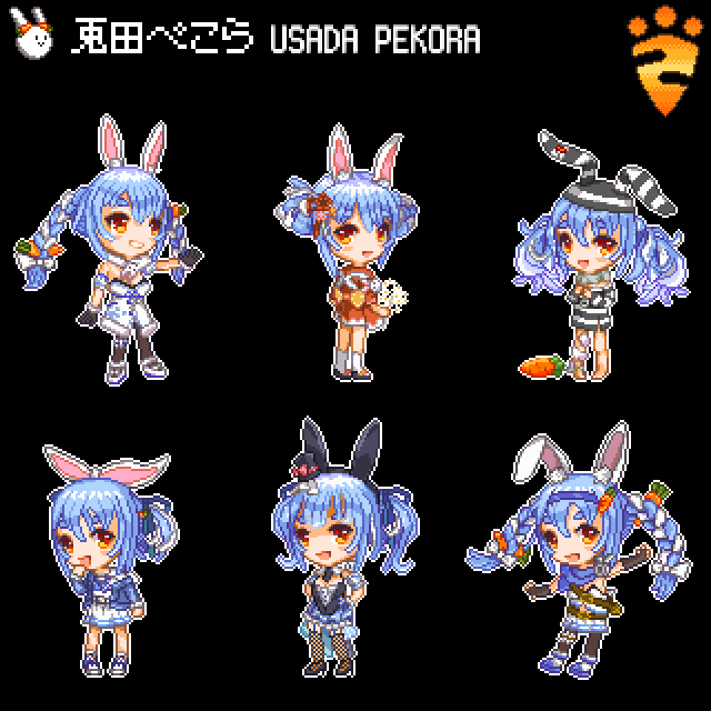 1girl, animal_ears, carrot, chibi, don-chan_(usada_pekora), hololive, pekomon_(usada_pekora), pixel_art