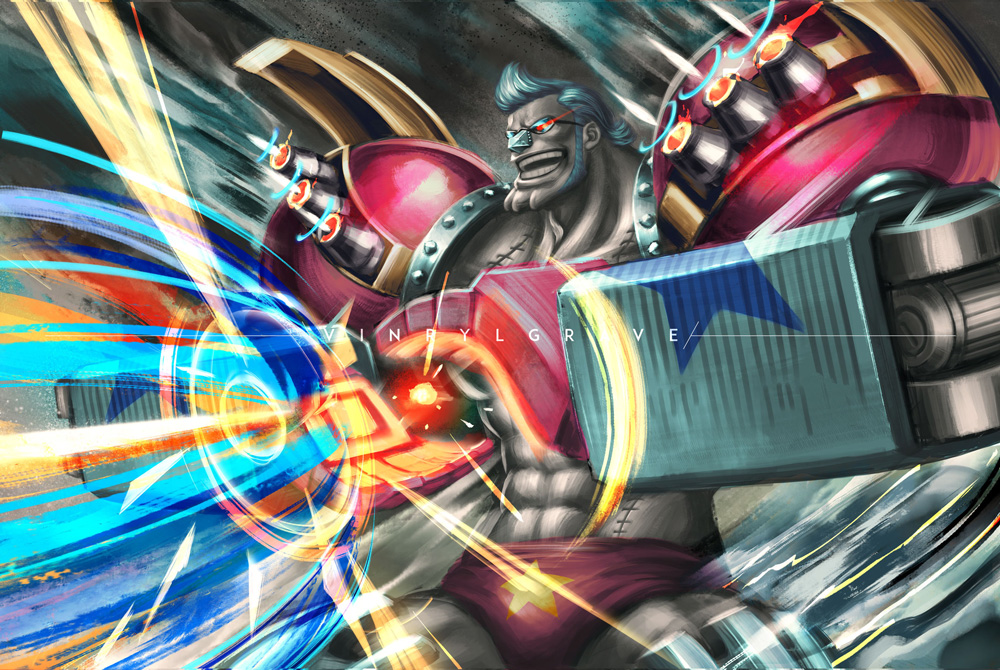 1boy, artist_name, blue_hair, cyborg, english_commentary, franky_(one_piece), long_sideburns, male_focus