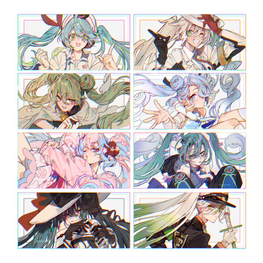 6+girls, aqua_hair, black_gloves, blue_hair, bow, closed_mouth, dark_miku_(project_voltage), detached_sleeves, double_bun, electric_miku_(project_voltage), fairy_miku_(project_voltage), fighting_miku_(project_voltage), flower, flying_miku_(project_voltage), ghost_miku_(project_voltage), gloves, green_eyes, green_hair, grey_hair, ground_miku_(project_voltage), hair_between_eyes, hair_bun, hair_flower, hair_ornament, hair_over_one_eye, hair_ribbon, hat, hatsune_miku, holding, holding_poke_ball, light_brown_hair, long_hair, multicolored_hair, multiple_girls, one_eye_closed, open_mouth, pink_hair, poke_ball, poke_ball_(basic), pokemon, project_voltage, psychic_miku_(project_voltage), red_gloves, redhead, ribbon, sapphire_(nine), shirt, sleeves_past_fingers, sleeves_past_wrists, twintails, very_long_hair, visor_cap, vocaloid, white_gloves, white_hair, white_headwear