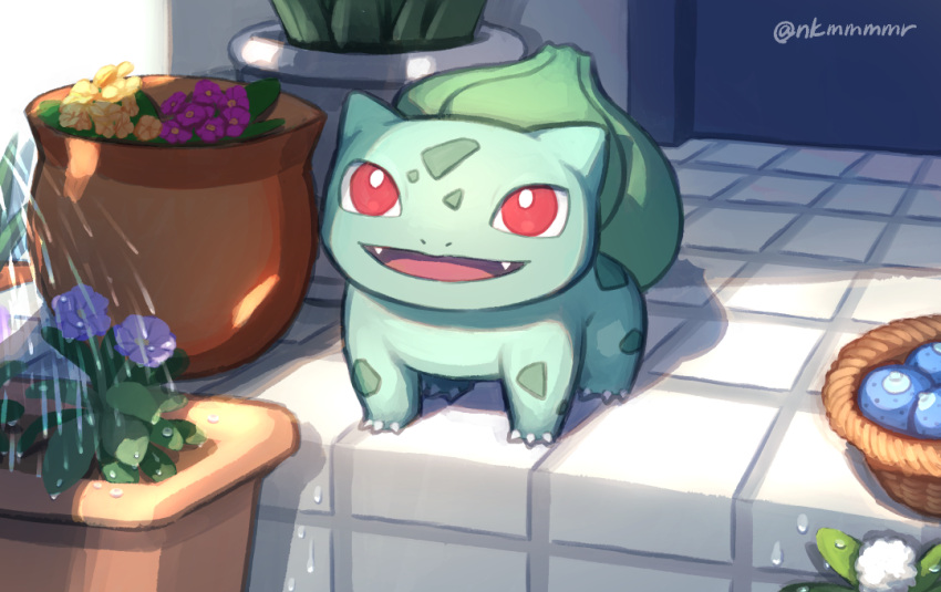 animal_focus, berry_(pokemon), bright_pupils, bulbasaur, claws, fangs, flower, flower_pot