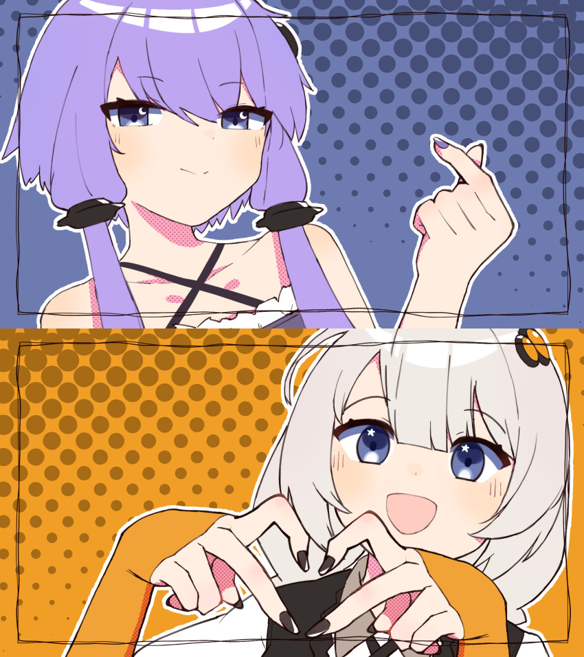 2girls, bare_shoulders, black_nails, blue_background, blunt_bangs, blush, closed_mouth, collared_shirt, commentary_request, crescent, crescent_in_eye, criss-cross_halter, finger_heart, fingerless_gloves, gloves, grey_eyes, grey_hair, hair_ornament, half-closed_eyes, halftone, halterneck, heart, heart_hands, highres, kizuna_akari, looking_at_viewer, multiple_girls, no_jacket, open_mouth, orange_background, orange_gloves, pajhmh, purple_hair, purple_nails, shirt, short_hair_with_long_locks, smile, star_(symbol), star_in_eye, symbol_in_eye, two-tone_background, vocaloid, voiceroid, yuzuki_yukari