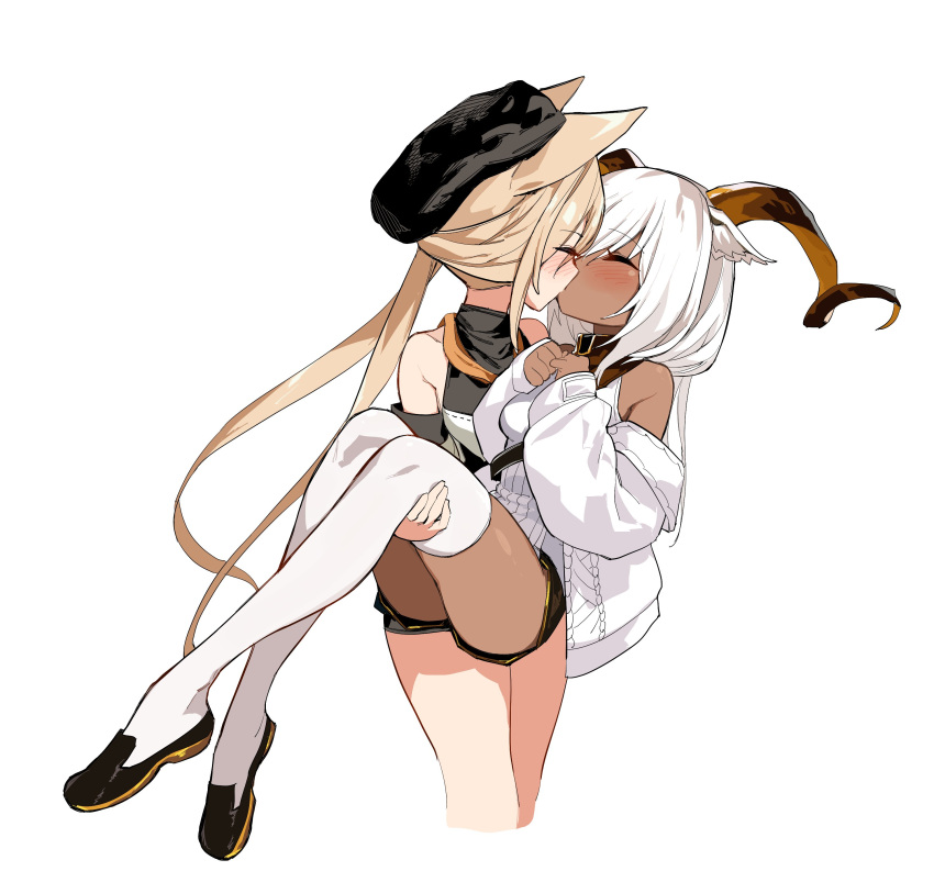 2girls, absurdres, animal_ears, arknights, bare_shoulders, beeswax_(arknights), beeswax_(weisser_sand)_(arknights), black_footwear, black_shorts, blush, cardigan, cardigan_(arknights), cardigan_(sunny_day)_(arknights), carrying, closed_eyes, collar_tug, commission, dark-skinned_female, dark_skin, detached_sleeves, dog_ears, dog_girl, goat_ears, goat_girl, goat_horns, gold_horns, hat, highres, horns, jacket, kinbakuman, kiss, long_hair, multiple_girls, neckerchief, official_alternate_costume, orange_neckerchief, princess_carry, shoes, shorts, simple_background, skeb_commission, sweater, thigh-highs, white_cardigan, white_hair, white_jacket, white_sweater, white_thighhighs, yellow_collar, yuri