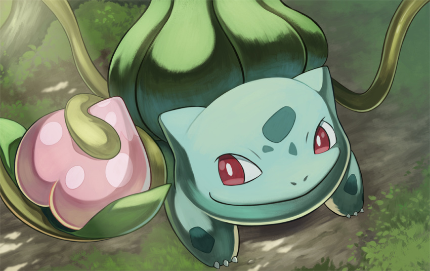 akitani_55, animal_focus, berry_(pokemon), bright_pupils, bulbasaur, claws, closed_mouth, moss, no_humans, nostrils, outdoors, pecha_berry, plant, pokemon, pokemon_(creature), red_eyes, smile, vines, white_pupils