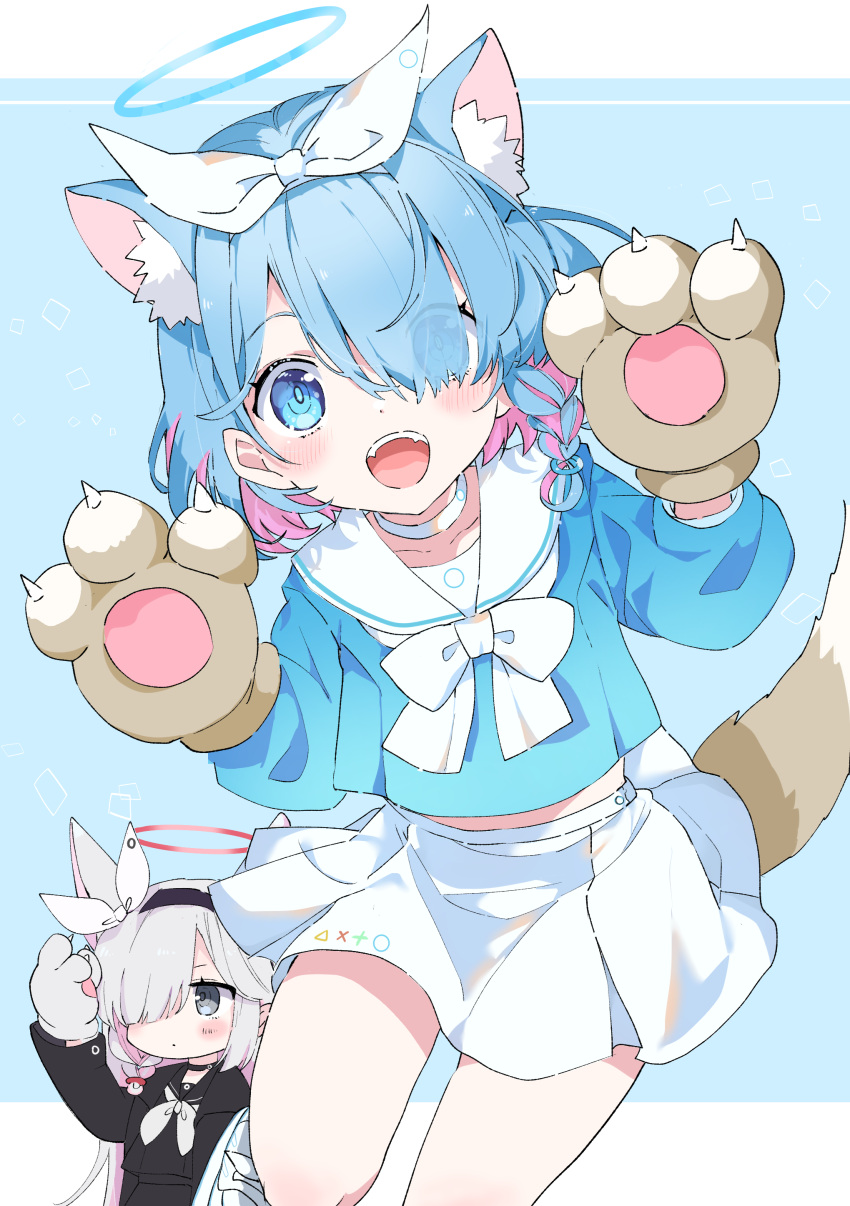 2girls, absurdres, animal_ear_fluff, animal_ears, animal_hands, arona_(blue_archive), black_choker, black_coat