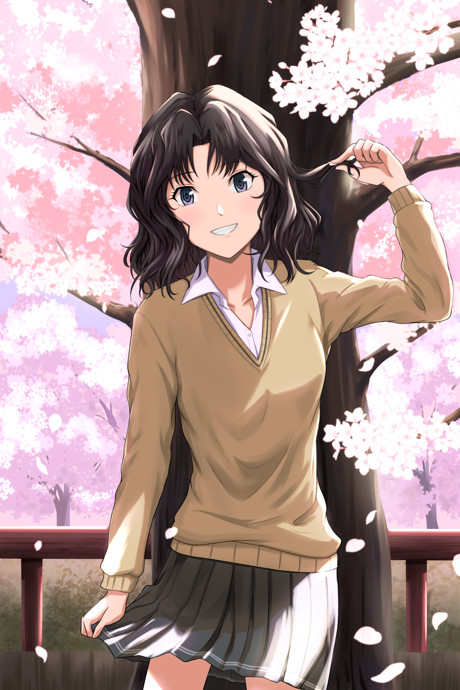 1girl, amagami, black_eyes, black_hair, cherry_blossoms, clenched_teeth, collarbone, collared_shirt