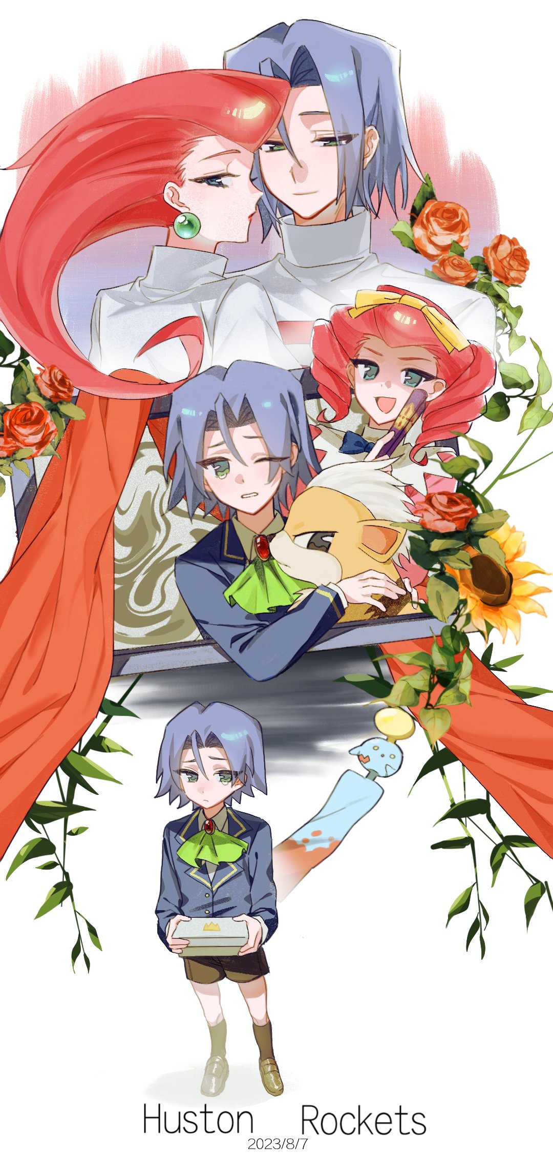 aged_down, blue_eyes, blue_hair, chimecho, flower, green_eyes, growlithe, highres