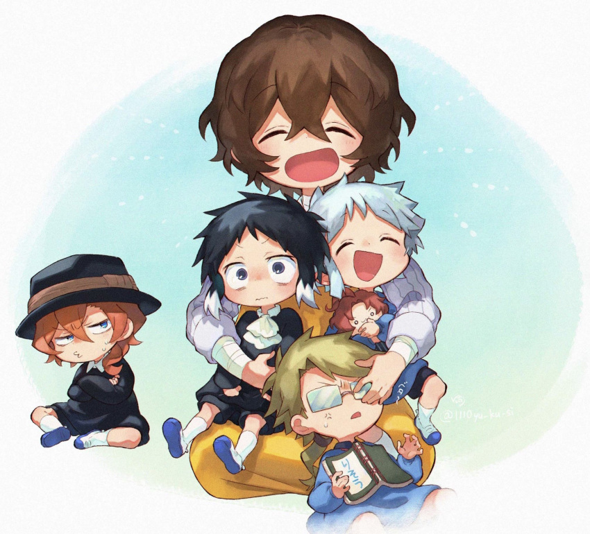 5boys, :d, ^_^, akutagawa_ryuunosuke_(bungou_stray_dogs), anger_vein, apron, ascot, black_eyes