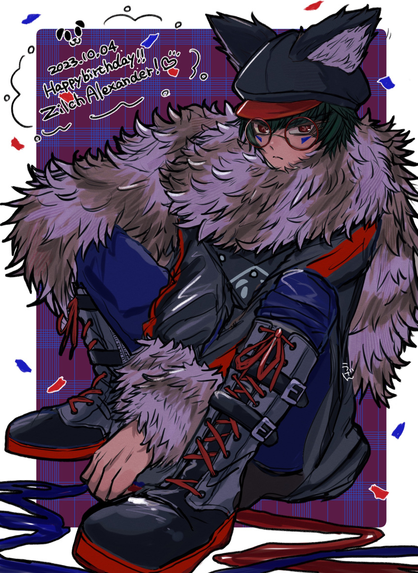 1boy, absurdres, animal_ears, animal_hat, between_legs, black_coat, black_footwear, black_headwear