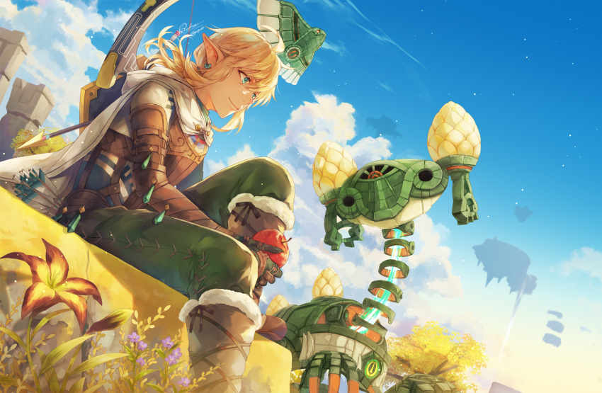 1boy, apple, blue_eyes, blue_sky, bow, clouds, earrings, food, fruit, holding, holding_food, holding_fruit, hylian_set_(zelda), jewelry, kuina_(escapegoat), light_brown_hair, link, pointy_ears, shield, shield_on_back, sitting, sky, steward_construct, sundelion, the_legend_of_zelda, the_legend_of_zelda:_tears_of_the_kingdom
