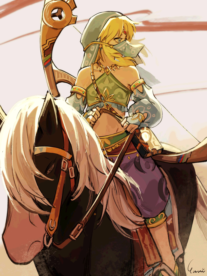 1boy, black_horse, blonde_hair, bow_(weapon), bridal_gauntlets, crop_top, crossdressing, forehead_jewel, gem, gerudo_set_(zelda), harem_pants, highres, horseback_riding, link, looking_to_the_side, midriff, mouth_veil, pants, red_gemstone, riding, sheikah_slate, sidelocks, the_legend_of_zelda, the_legend_of_zelda:_breath_of_the_wild, veil, weapon, zhengyuriri