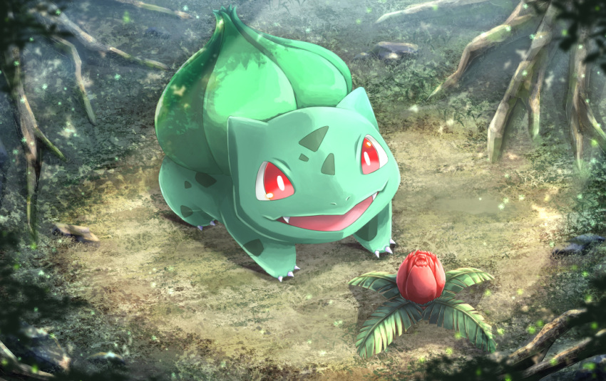 animal_focus, bright_pupils, bulbasaur, claws, crudefish, dappled_sunlight, fangs, flower, forest, nature, no_humans, nostrils, open_mouth, pink_flower, pokemon, pokemon_(creature), red_eyes, roots, solo, sunlight, white_pupils