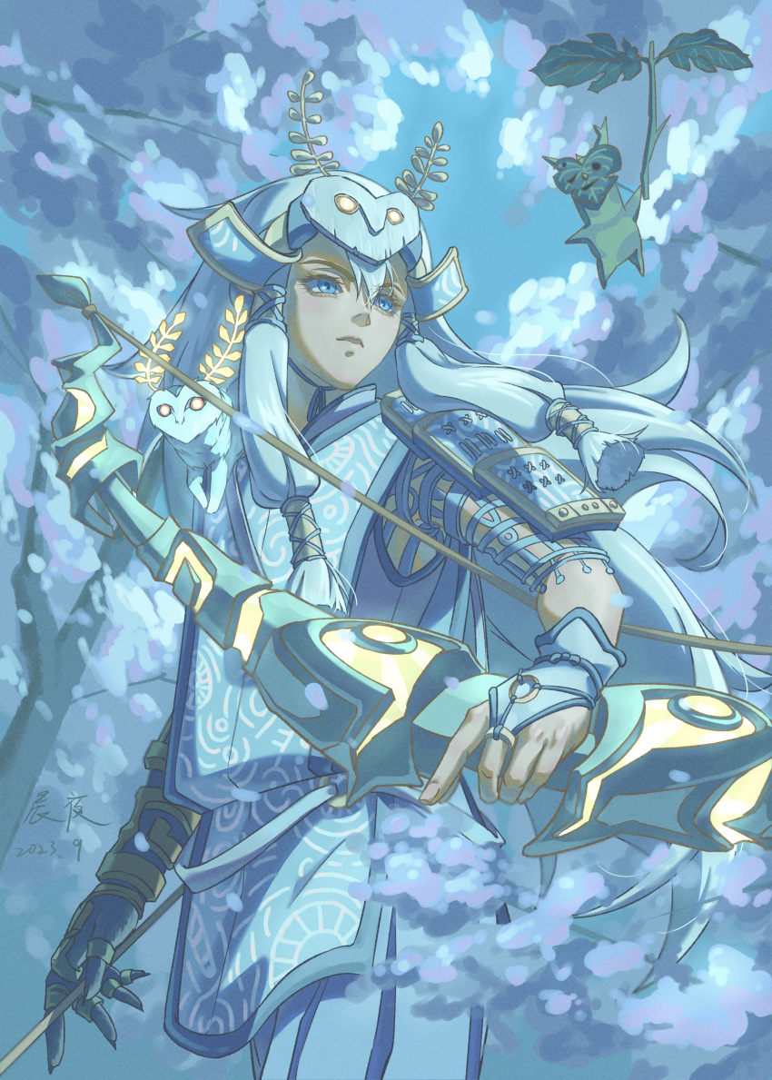 1boy, absurdres, arm_guards, arrow_(projectile), blue_eyes, blupee, bow_(weapon), creature, creature_on_shoulder, highres, holding, holding_bow_(weapon), holding_weapon, korok, link, mask, mask_on_head, mystic_set_(zelda), on_shoulder, parted_lips, shinnya, the_legend_of_zelda, the_legend_of_zelda:_tears_of_the_kingdom, weapon, white_hair, wig