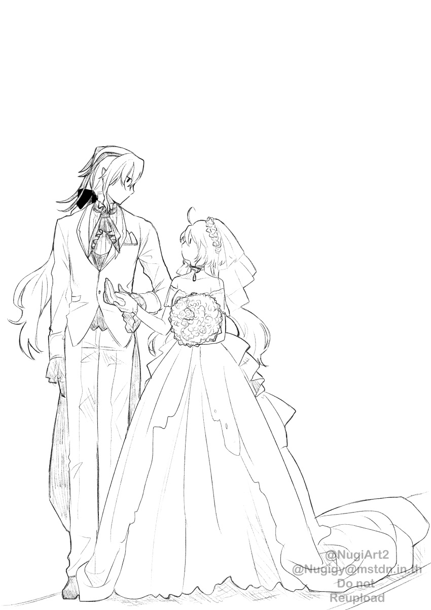 1boy, 1girl, absurdres, ascot, bouquet, dress, full_body, furina_(genshin_impact)