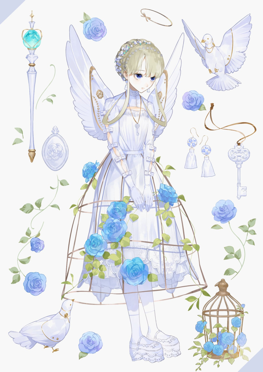 1girl, angel, angel_wings, bird, birdcage, blonde_hair, blue_eyes, blue_flower