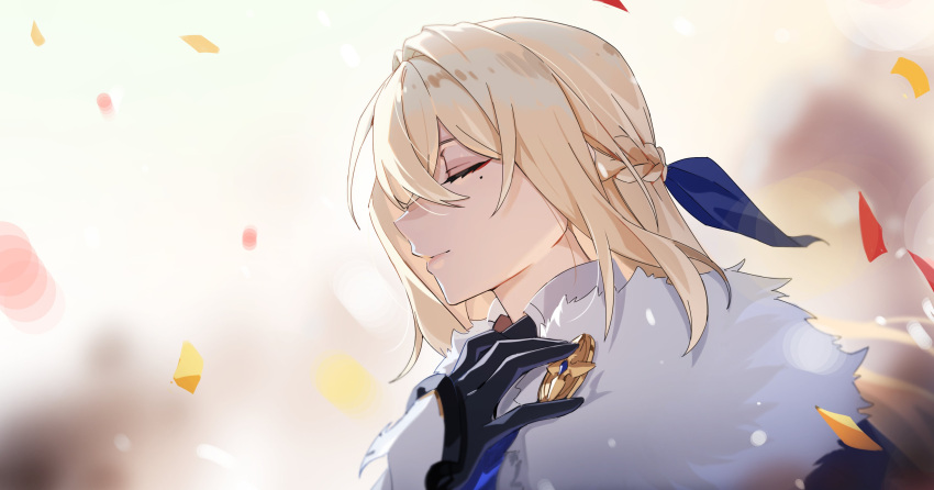 1girl, absurdres, black_gloves, blonde_hair, blurry, blurry_background, bokeh, braid, cape, closed_eyes, closed_mouth, commentary, confetti, controlline3, counter:side, crest, crossed_bangs, depth_of_field, eyebrows_hidden_by_hair, from_side, fur-trimmed_cape, fur_trim, gloves, hair_between_eyes, hair_intakes, hair_ribbon, half_updo, hand_on_own_chest, highres, long_hair, mole, mole_under_eye, mors_(counter:side), profile, ribbon, solo, symbol-only_commentary, upper_body