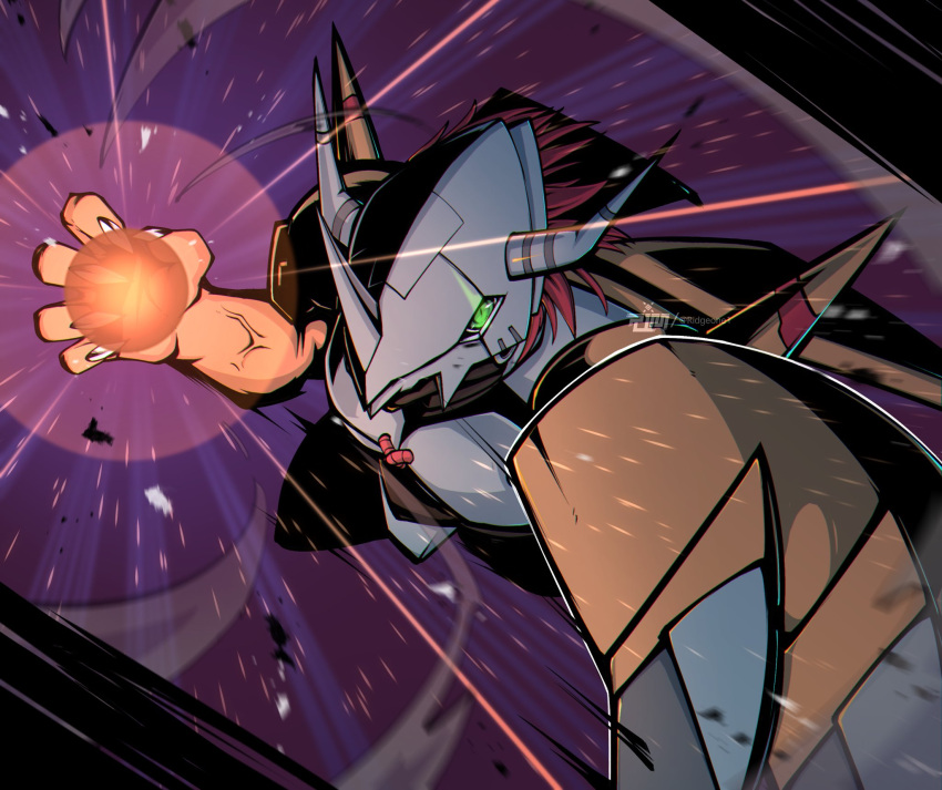 armor, claws, colored_skin, digimon, digimon_(creature), energy_ball, fake_horns, green_eyes