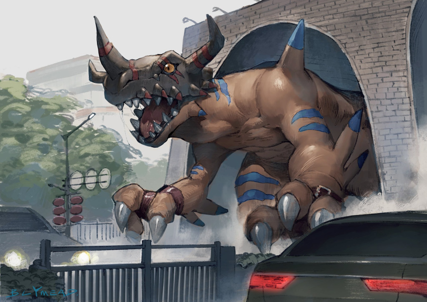 artist_name, blue_skin, bly_mead, car, claws, colored_sclera, colored_skin, day