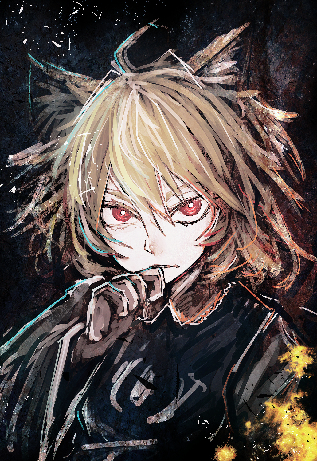 1girl, ahoge, animal_ears, blonde_hair, bright_pupils, commentary_request, denpa_rasaito, fox_ears