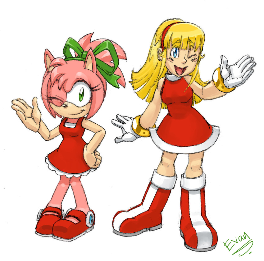 2girls, :t, alternate_hairstyle, amy_rose, amy_rose_(cosplay), animal_nose, artist_name, bare_shoulders, blonde_hair, blue_eyes, blush, blush_stickers, body_fur, boots, breasts, closed_mouth, commentary, cosplay, costume_switch, crossover, dress, english_commentary, evan_stanley, frilled_dress, frills, full_body, furry, furry_female, gloves, green_eyes, green_ribbon, hair_ribbon, hairband, hairstyle_switch, hand_on_own_hip, hand_up, happy, highres, knee_boots, long_hair, looking_at_viewer, mega_man_(series), multiple_girls, one_eye_closed, open_mouth, pink_fur, ponytail, red_dress, red_footwear, red_hairband, ribbon, roll_(mega_man), roll_(mega_man)_(cosplay), shoes, short_dress, sidelocks, signature, simple_background, sleeveless, sleeveless_dress, small_breasts, smile, sonic_(series), standing, white_background, white_gloves