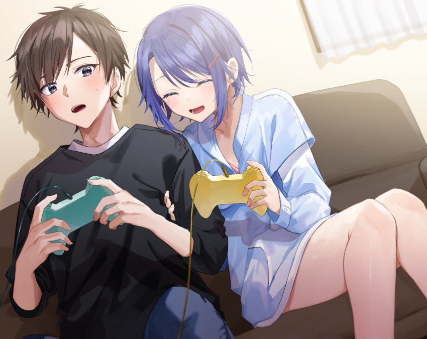 1boy, 1girl, ^_^, arm_grab, black_eyes, black_shirt, blue_hair, blue_panties
