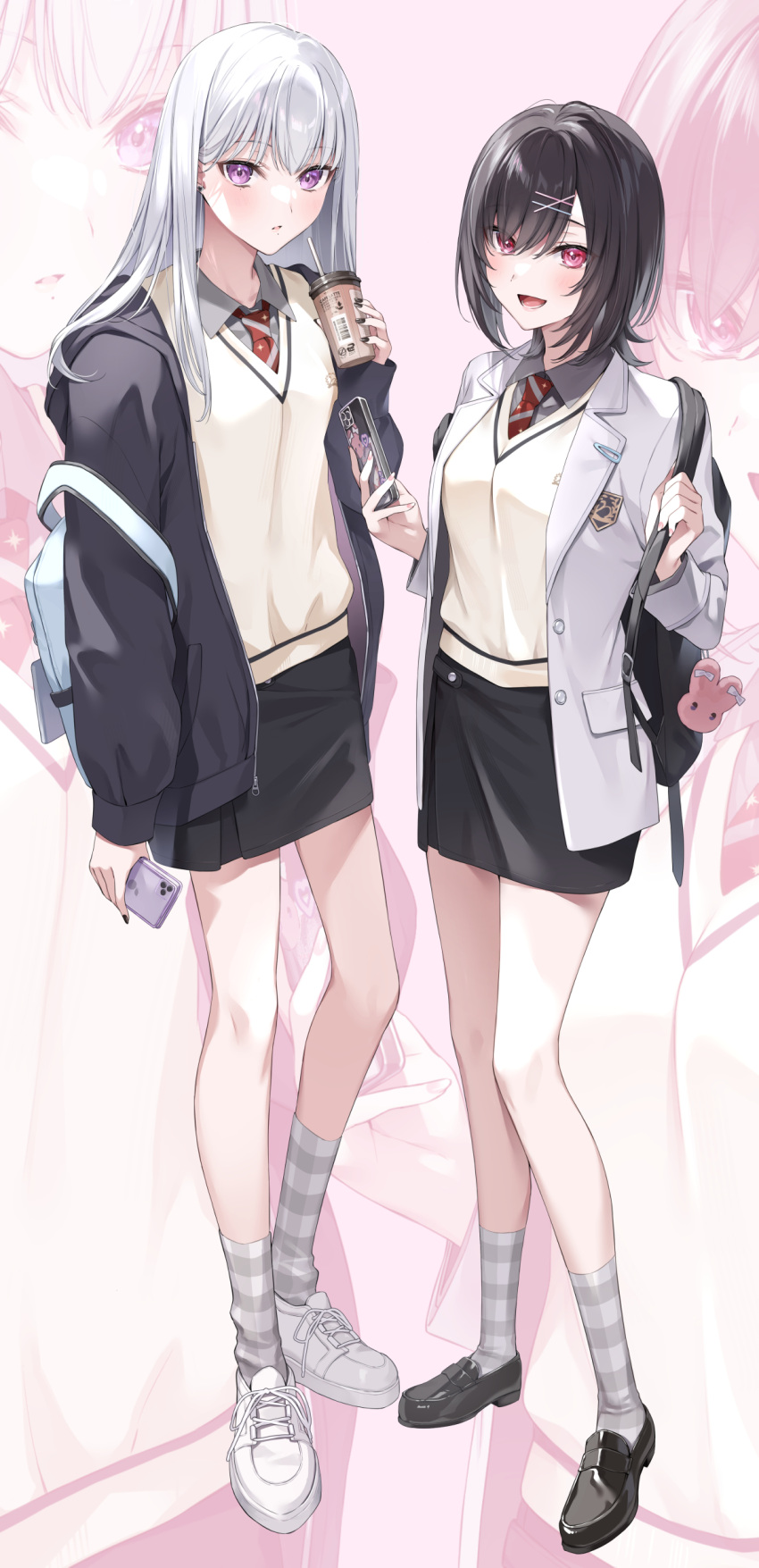 2girls, absurdres, akira_(zattape), bag, black_footwear, black_hair, black_nails, black_skirt, blazer, cellphone, cup, disposable_cup, full_body, grey_hoodie, hair_ornament, hairclip, hayate_(zattape), highres, holding, holding_cup, holding_phone, hood, hoodie, jacket, loafers, long_hair, miniskirt, multiple_girls, original, parted_lips, phone, pink_eyes, school_bag, school_uniform, shoes, short_hair, skirt, smartphone, smile, socks, striped, striped_socks, suit, sweater, vertical-striped_socks, vertical_stripes, violet_eyes, white_footwear, white_hair, white_suit, yellow_sweater, zattape