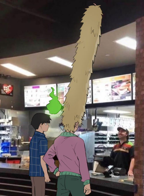 3boys, absurdly_long_hair, angrymobroomm, big_guy_ordering_at_mcdonalds_(meme), black_hair, blonde_hair, collared_shirt, feet_out_of_frame