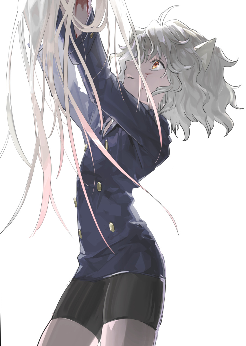 1other, absurdres, arms_up, black_shirt, black_shorts, blood, blood_on_arm, blood_on_face