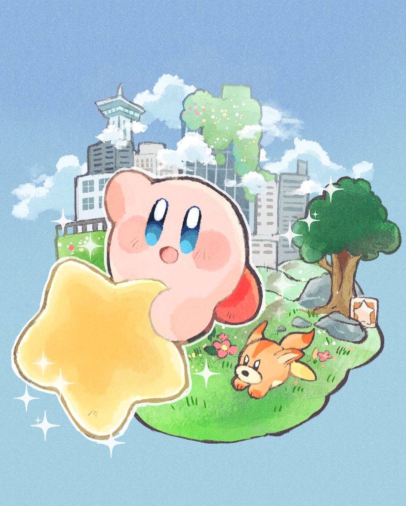 :d, arm_up, awoofy, blue_background, blue_eyes, blush, blush_stickers, building, city, clouds, commentary_request, flower, grass, guarani_(muku_6930), kirby, kirby_(series), kirby_and_the_forgotten_land, looking_at_viewer, no_humans, open_mouth, overgrown, pink_flower, railing, riding, rock, simple_background, smile, sparkle, star_(symbol), star_block, tree, warp_star, waving