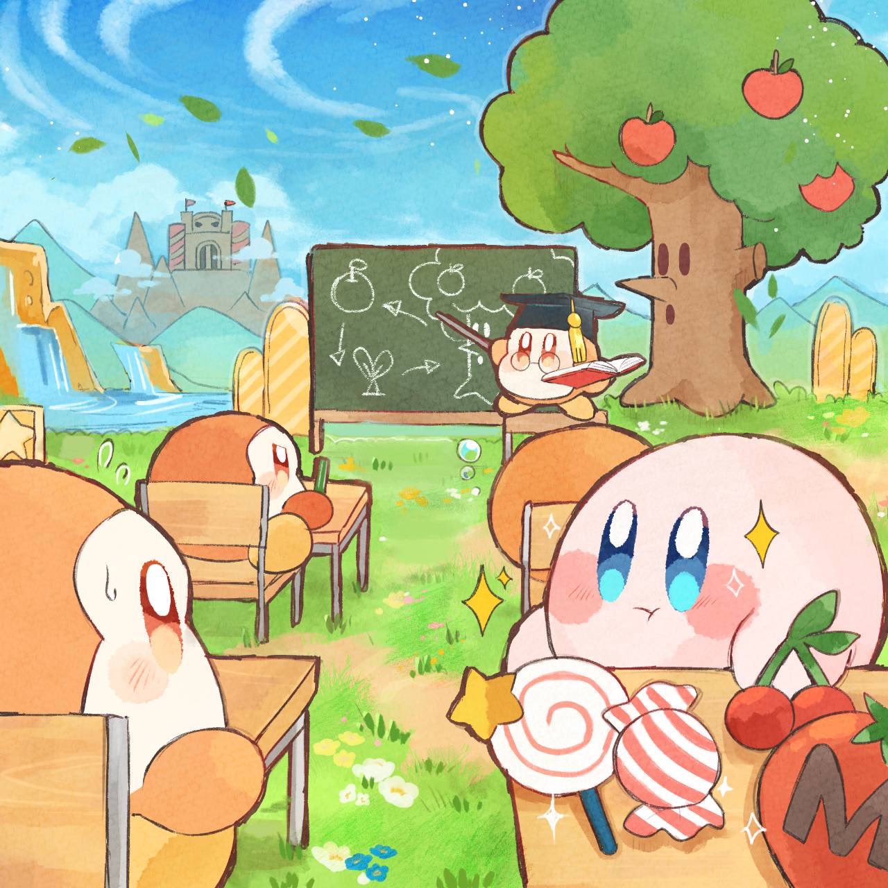 :t, apple, blue_eyes, blue_flower, blue_sky, blush, blush_stickers, book