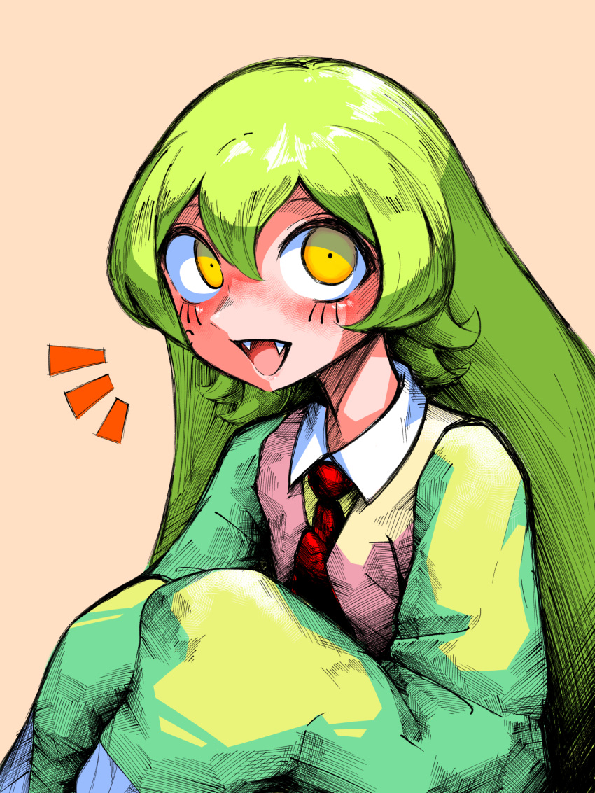 1girl, :d, aygoftenover, brown_vest, collared_shirt, fangs, green_hair, green_sweater